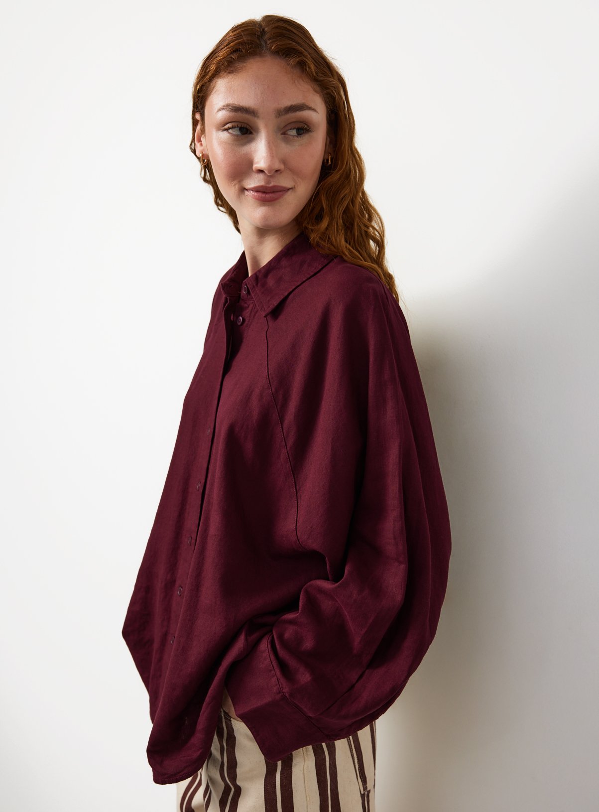 Dark Red Linen Blend Long Sleeve Shirt 22 - Image 1 thumbnail